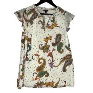 Talbots Size Medium Ruffle Shoulder Cotton Floral Paisley Blouse Top